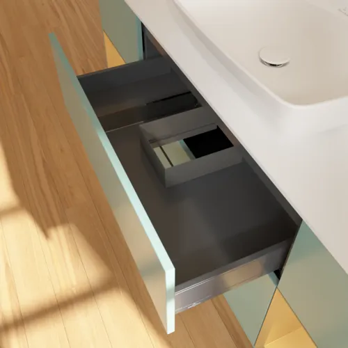 VILLEROY BOCH Toaletní skříňka Finion, s osvětlením, 4 výsuvy, 1600 x 603 x 501 mm, olivový matný lak / zlatý matný lak / bílé matné sklo #F861HFGM, obrázek 8