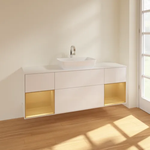 VILLEROY BOCH Toaletní skříňka Finion, s osvětlením, 4 výsuvy, 1600 x 603 x 501 mm, lesklý bílý lak / zlatý matný lak / bílé matné sklo #F861HFGF, obrázek 2