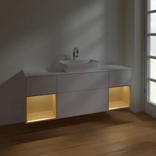 VILLEROY BOCH Toaletní skříňka Finion, s osvětlením, 4 výsuvy, 1600 x 603 x 501 mm, lesklý bílý lak / zlatý matný lak / bílé matné sklo #F861HFGF, obrázek 5