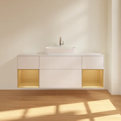 VILLEROY BOCH Toaletní skříňka Finion, s osvětlením, 4 výsuvy, 1600 x 603 x 501 mm, lesklý bílý lak / zlatý matný lak / bílé matné sklo #F861HFGF, obrázek 3