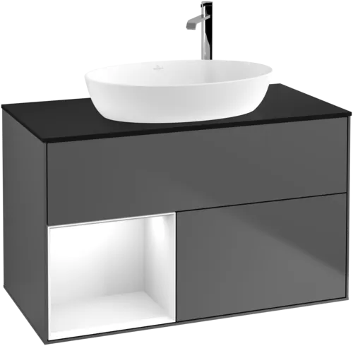 VILLEROY BOCH Toaletní skříňka Finion, s osvětlením, 2 výsuvy, 1000 x 603 x 501 mm, antracit matný lak / lesklý bílý lak / sklo černé matné #F892GFGK, obrázek 1