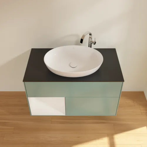 VILLEROY BOCH Toaletní skříňka Finion, s osvětlením, 2 výsuvy, 1000 x 603 x 501 mm, olivový matný lak / lesklý bílý lak / sklo černé matné #F892GFGM, obrázek 4