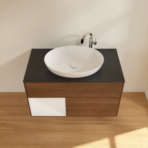 VILLEROY BOCH Toaletní skříňka Finion, s osvětlením, 2 výsuvy, 1000 x 603 x 501 mm, ořechová dýha / lesklý bílý lak / sklo černé matné #F892GFGN, obrázek 4