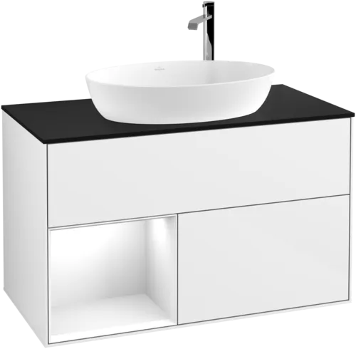 VILLEROY BOCH Toaletní skříňka Finion, s osvětlením, 2 výsuvy, 1000 x 603 x 501 mm, lesklý bílý lak / lesklý bílý lak / sklo černé matné #F892GFGF, obrázek 1