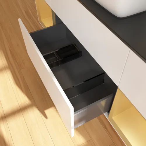 VILLEROY BOCH Toaletní skříňka Finion, s osvětlením, 4 výsuvy, 1600 x 603 x 501 mm, bílý matný lak / zlatý matný lak / černé matné sklo #F862HFMT, obrázek 7