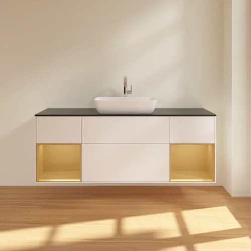 VILLEROY BOCH Toaletní skříňka Finion, s osvětlením, 4 výsuvy, 1600 x 603 x 501 mm, bílý matný lak / zlatý matný lak / černé matné sklo #F862HFMT, obrázek 3