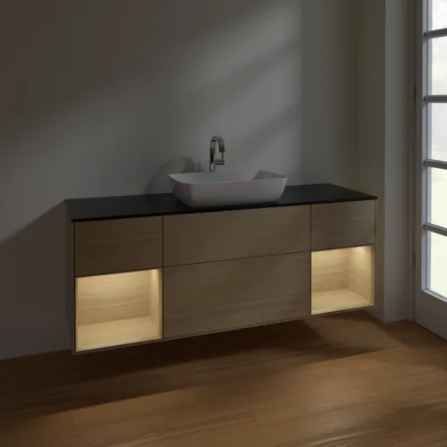 VILLEROY BOCH Toaletní stolek Finion, s osvětlením, 4 výsuvy, 1600 x 603 x 501 mm, dubová dýha / dubová dýha / sklo černé matné #F862PCPC, obrázek 5