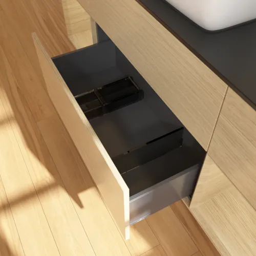 VILLEROY BOCH Toaletní stolek Finion, s osvětlením, 4 výsuvy, 1600 x 603 x 501 mm, dubová dýha / dubová dýha / sklo černé matné #F862PCPC, obrázek 7