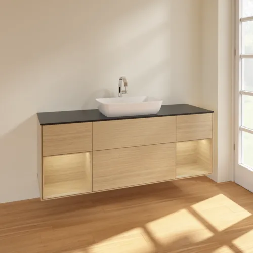 VILLEROY BOCH Toaletní stolek Finion, s osvětlením, 4 výsuvy, 1600 x 603 x 501 mm, dubová dýha / dubová dýha / sklo černé matné #F862PCPC, obrázek 2
