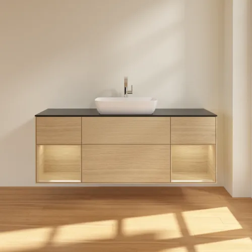VILLEROY BOCH Toaletní stolek Finion, s osvětlením, 4 výsuvy, 1600 x 603 x 501 mm, dubová dýha / dubová dýha / sklo černé matné #F862PCPC, obrázek 3
