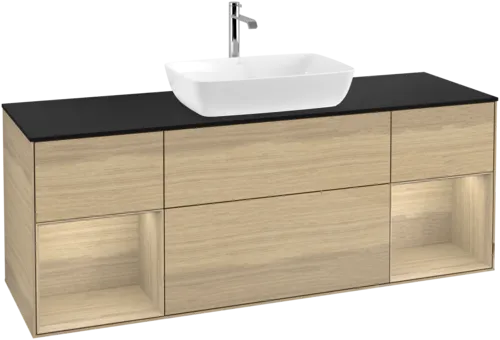 VILLEROY BOCH Toaletní stolek Finion, s osvětlením, 4 výsuvy, 1600 x 603 x 501 mm, dubová dýha / dubová dýha / sklo černé matné #F862PCPC, obrázek 1