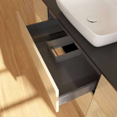 VILLEROY BOCH Toaletní stolek Finion, s osvětlením, 4 výsuvy, 1600 x 603 x 501 mm, dubová dýha / dubová dýha / sklo černé matné #F862PCPC, obrázek 8