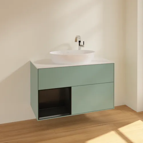 VILLEROY BOCH Toaletní skříňka Finion, s osvětlením, 2 výsuvy, 1000 x 603 x 501 mm, olivový matný lak / černý matný lak / bílé matné sklo #F891PDGM, obrázek 2