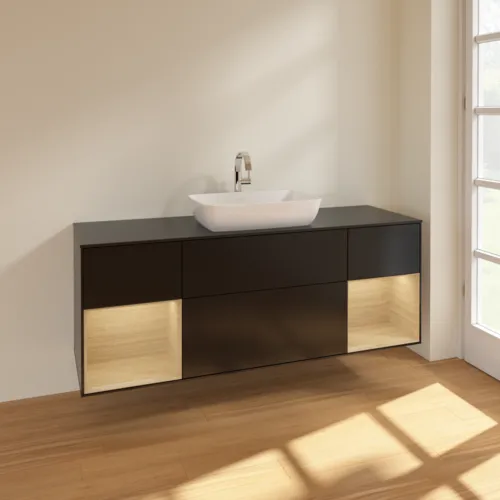 VILLEROY BOCH Toaletní skříňka Finion, s osvětlením, 4 výsuvy, 1600 x 603 x 501 mm, černý matný lak / dubová dýha / černé matné sklo #F862PCPD, obrázek 2