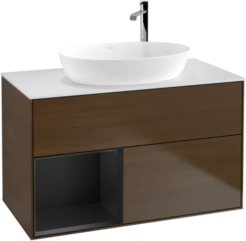 VILLEROY BOCH Toaletní stolek Finion, s osvětlením, 2 výsuvy, 1000 x 603 x 501 mm, ořechová dýha / černý matný lak / sklo bílé matné #F891PDGN, obrázek 1