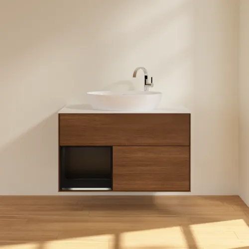 VILLEROY BOCH Toaletní stolek Finion, s osvětlením, 2 výsuvy, 1000 x 603 x 501 mm, ořechová dýha / černý matný lak / sklo bílé matné #F891PDGN, obrázek 3