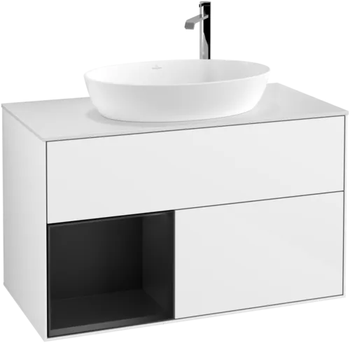 VILLEROY BOCH Umyvadlová skříňka Finion, s osvětlením, 2 výsuvy, 1000 x 603 x 501 mm, lesklý bílý lak / černý matný lak / bílé matné sklo #F891PDGF, obrázek 1