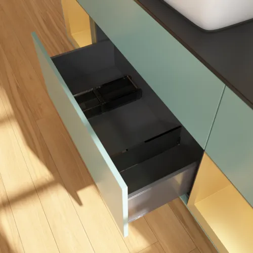 VILLEROY BOCH Toaletní skříňka Finion, s osvětlením, 4 výsuvy, 1600 x 603 x 501 mm, olivový matný lak / zlatý matný lak / černé matné sklo #F862HFGM, obrázek 7