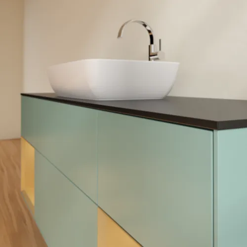 VILLEROY BOCH Toaletní skříňka Finion, s osvětlením, 4 výsuvy, 1600 x 603 x 501 mm, olivový matný lak / zlatý matný lak / černé matné sklo #F862HFGM, obrázek 6
