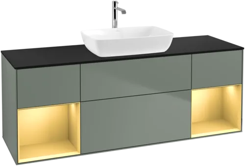 VILLEROY BOCH Toaletní skříňka Finion, s osvětlením, 4 výsuvy, 1600 x 603 x 501 mm, olivový matný lak / zlatý matný lak / černé matné sklo #F862HFGM, obrázek 1