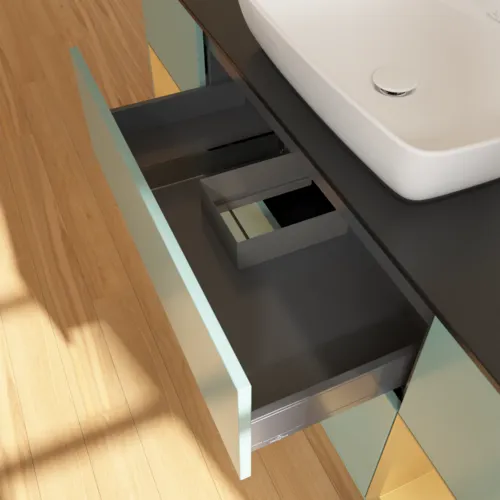 VILLEROY BOCH Toaletní skříňka Finion, s osvětlením, 4 výsuvy, 1600 x 603 x 501 mm, olivový matný lak / zlatý matný lak / černé matné sklo #F862HFGM, obrázek 8
