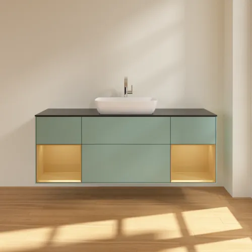 VILLEROY BOCH Toaletní skříňka Finion, s osvětlením, 4 výsuvy, 1600 x 603 x 501 mm, olivový matný lak / zlatý matný lak / černé matné sklo #F862HFGM, obrázek 3