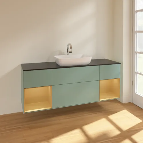 VILLEROY BOCH Toaletní skříňka Finion, s osvětlením, 4 výsuvy, 1600 x 603 x 501 mm, olivový matný lak / zlatý matný lak / černé matné sklo #F862HFGM, obrázek 2