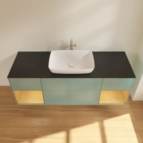 VILLEROY BOCH Toaletní skříňka Finion, s osvětlením, 4 výsuvy, 1600 x 603 x 501 mm, olivový matný lak / zlatý matný lak / černé matné sklo #F862HFGM, obrázek 4