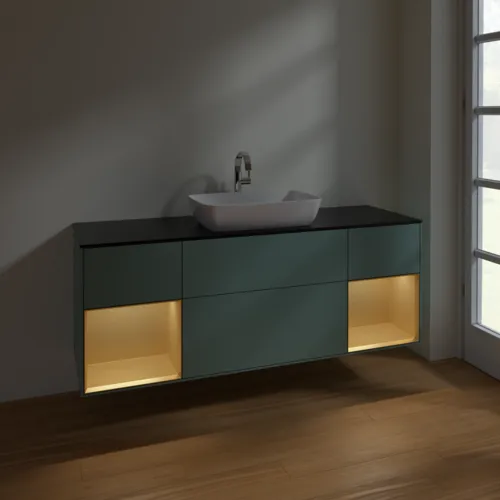 VILLEROY BOCH Toaletní skříňka Finion, s osvětlením, 4 výsuvy, 1600 x 603 x 501 mm, olivový matný lak / zlatý matný lak / černé matné sklo #F862HFGM, obrázek 5