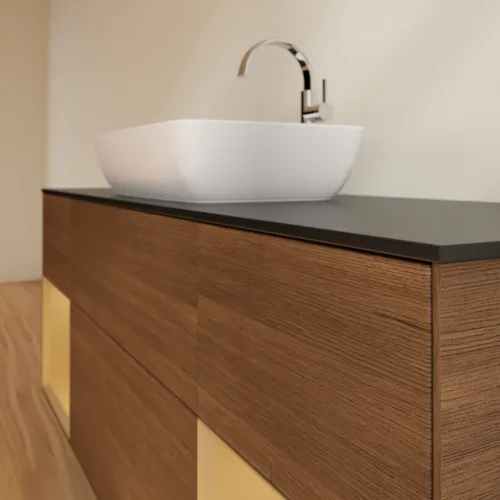 VILLEROY BOCH Toaletní skříňka Finion, s osvětlením, 4 výsuvy, 1600 x 603 x 501 mm, ořechová dýha / zlatý matný lak / sklo černé matné #F862HFGN, obrázek 6