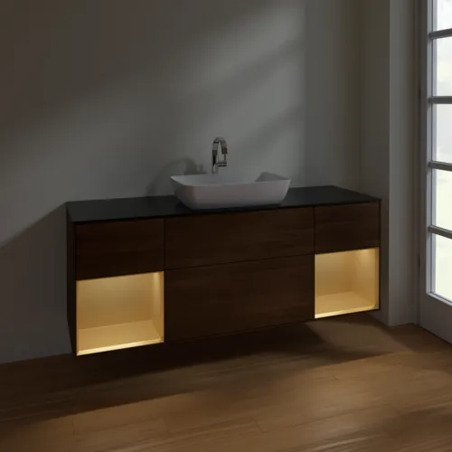 VILLEROY BOCH Toaletní skříňka Finion, s osvětlením, 4 výsuvy, 1600 x 603 x 501 mm, ořechová dýha / zlatý matný lak / sklo černé matné #F862HFGN, obrázek 5