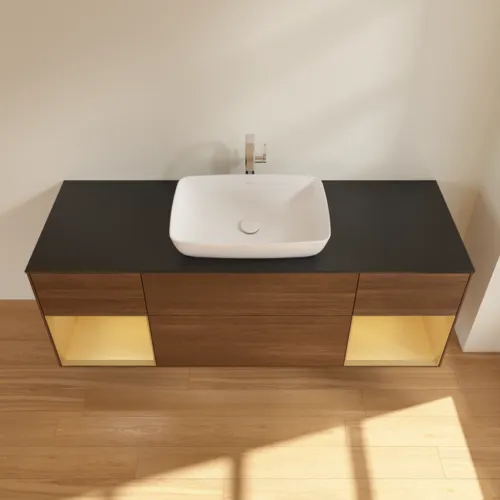 VILLEROY BOCH Toaletní skříňka Finion, s osvětlením, 4 výsuvy, 1600 x 603 x 501 mm, ořechová dýha / zlatý matný lak / sklo černé matné #F862HFGN, obrázek 4