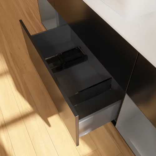 VILLEROY BOCH Toaletní skříňka Finion, s osvětlením, 4 výsuvy, 1600 x 603 x 501 mm, černý matný lak / antracitový matný lak / bílé matné sklo #F861GKPD, obrázek 7