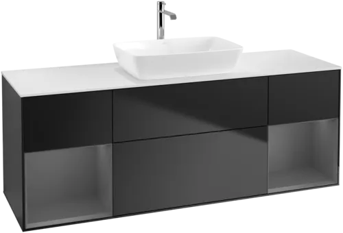 VILLEROY BOCH Toaletní skříňka Finion, s osvětlením, 4 výsuvy, 1600 x 603 x 501 mm, černý matný lak / antracitový matný lak / bílé matné sklo #F861GKPD, obrázek 1