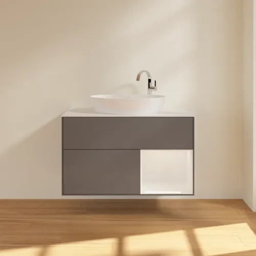 VILLEROY BOCH Toaletní skříňka Finion, s osvětlením, 2 výsuvy, 1000 x 603 x 501 mm, antracit matný lak / lesklý bílý lak / sklo bílé matné #F901GFGK, obrázek 3