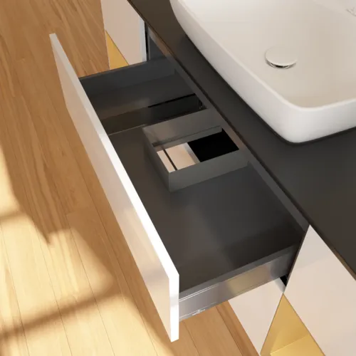 VILLEROY BOCH Toaletní skříňka Finion, s osvětlením, 4 výsuvy, 1600 x 603 x 501 mm, lesklý bílý lak / zlatý matný lak / černé matné sklo #F862HFGF, obrázek 8