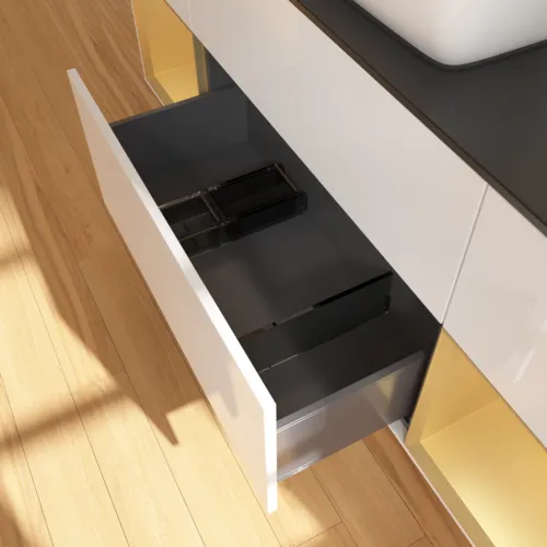 VILLEROY BOCH Toaletní skříňka Finion, s osvětlením, 4 výsuvy, 1600 x 603 x 501 mm, lesklý bílý lak / zlatý matný lak / černé matné sklo #F862HFGF, obrázek 7