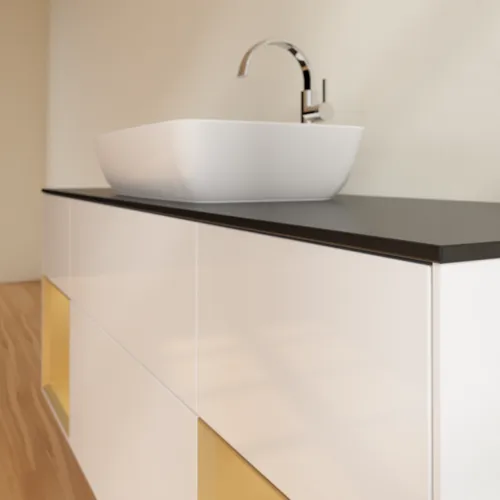 VILLEROY BOCH Toaletní skříňka Finion, s osvětlením, 4 výsuvy, 1600 x 603 x 501 mm, lesklý bílý lak / zlatý matný lak / černé matné sklo #F862HFGF, obrázek 6
