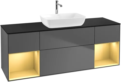 VILLEROY BOCH Toaletní skříňka Finion, s osvětlením, 4 výsuvy, 1600 x 603 x 501 mm, antracit matný lak / zlatý matný lak / černé matné sklo #F862HFGK, obrázek 1