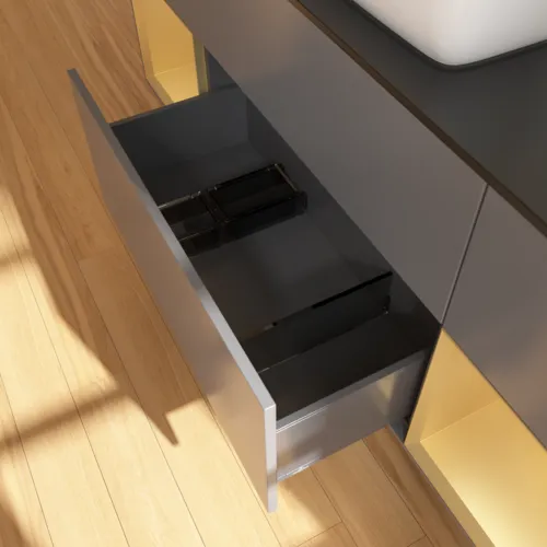 VILLEROY BOCH Toaletní skříňka Finion, s osvětlením, 4 výsuvy, 1600 x 603 x 501 mm, antracit matný lak / zlatý matný lak / černé matné sklo #F862HFGK, obrázek 7