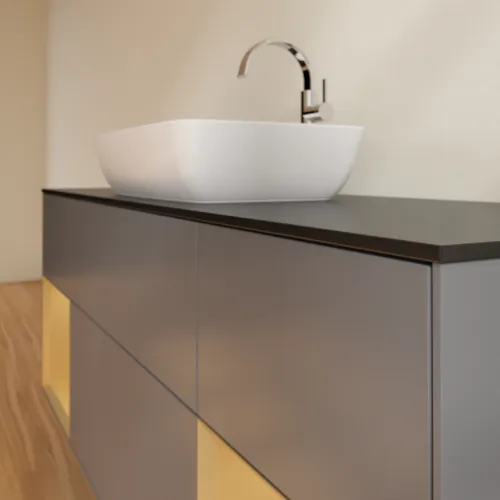 VILLEROY BOCH Toaletní skříňka Finion, s osvětlením, 4 výsuvy, 1600 x 603 x 501 mm, antracit matný lak / zlatý matný lak / černé matné sklo #F862HFGK, obrázek 6