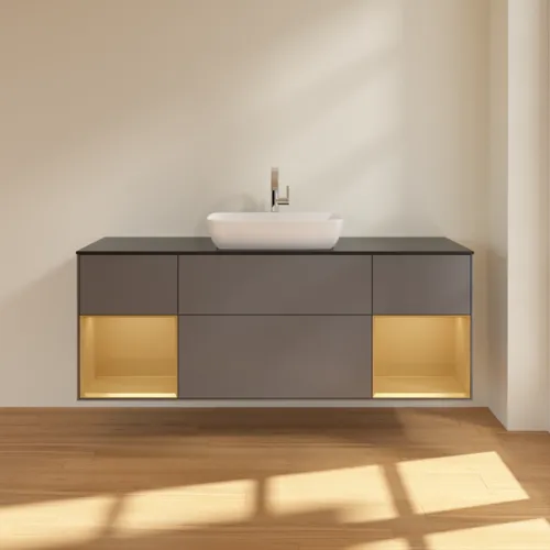 VILLEROY BOCH Toaletní skříňka Finion, s osvětlením, 4 výsuvy, 1600 x 603 x 501 mm, antracit matný lak / zlatý matný lak / černé matné sklo #F862HFGK, obrázek 3