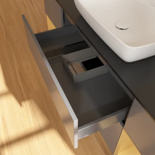 VILLEROY BOCH Toaletní skříňka Finion, s osvětlením, 4 výsuvy, 1600 x 603 x 501 mm, antracit matný lak / zlatý matný lak / černé matné sklo #F862HFGK, obrázek 8