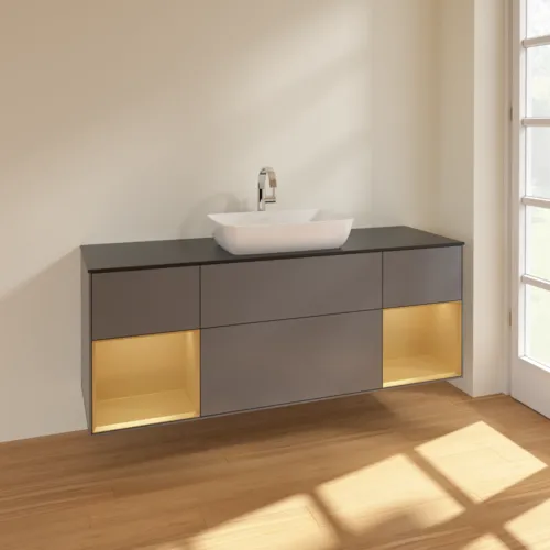 VILLEROY BOCH Toaletní skříňka Finion, s osvětlením, 4 výsuvy, 1600 x 603 x 501 mm, antracit matný lak / zlatý matný lak / černé matné sklo #F862HFGK, obrázek 2