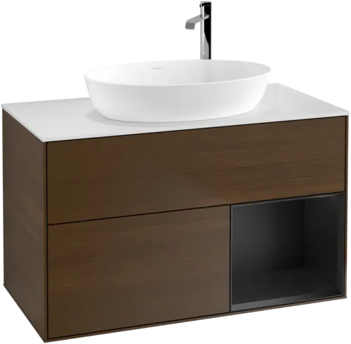 VILLEROY BOCH Toaletní stolek Finion, s osvětlením, 2 výsuvy, 1000 x 603 x 501 mm, ořechová dýha / černý matný lak / sklo bílé matné #F901PDGN, obrázek 1