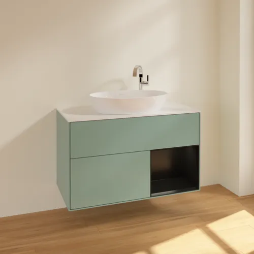 VILLEROY BOCH Toaletní skříňka Finion, s osvětlením, 2 výsuvy, 1000 x 603 x 501 mm, olivový matný lak / černý matný lak / bílé matné sklo #F901PDGM, obrázek 2