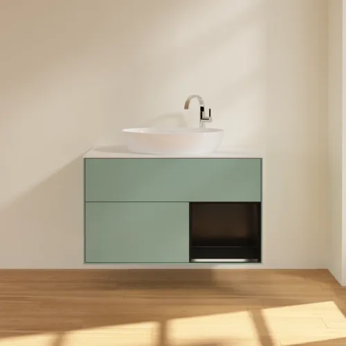 VILLEROY BOCH Toaletní skříňka Finion, s osvětlením, 2 výsuvy, 1000 x 603 x 501 mm, olivový matný lak / černý matný lak / bílé matné sklo #F901PDGM, obrázek 3