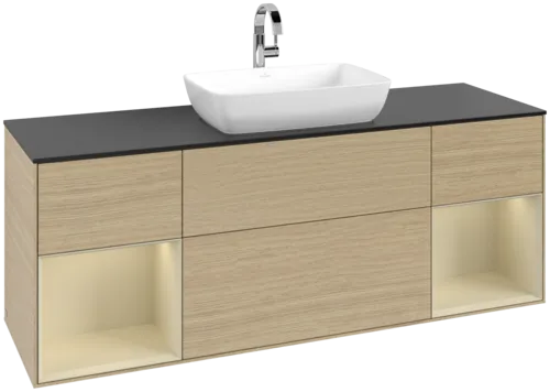 VILLEROY BOCH Toaletní skříňka Finion, s osvětlením, 4 výsuvy, 1600 x 603 x 501 mm, dubová dýha / hedvábně šedý matný lak / sklo černé matné #F862HJPC
