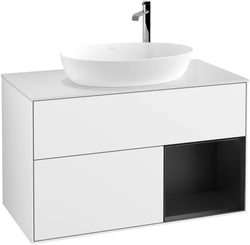 VILLEROY BOCH Umyvadlová skříňka Finion, s osvětlením, 2 výsuvy, 1000 x 603 x 501 mm, lesklý bílý lak / černý matný lak / bílé matné sklo #F901PDGF, obrázek 1