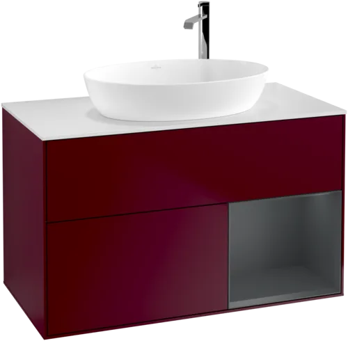 VILLEROY BOCH Toaletní skříňka Finion, s osvětlením, 2 výsuvy, 1000 x 603 x 501 mm, Pivoňka matný lak / Půlnoční modrá matný lak / Sklo bílé matné #F901HGHB, obrázek 1